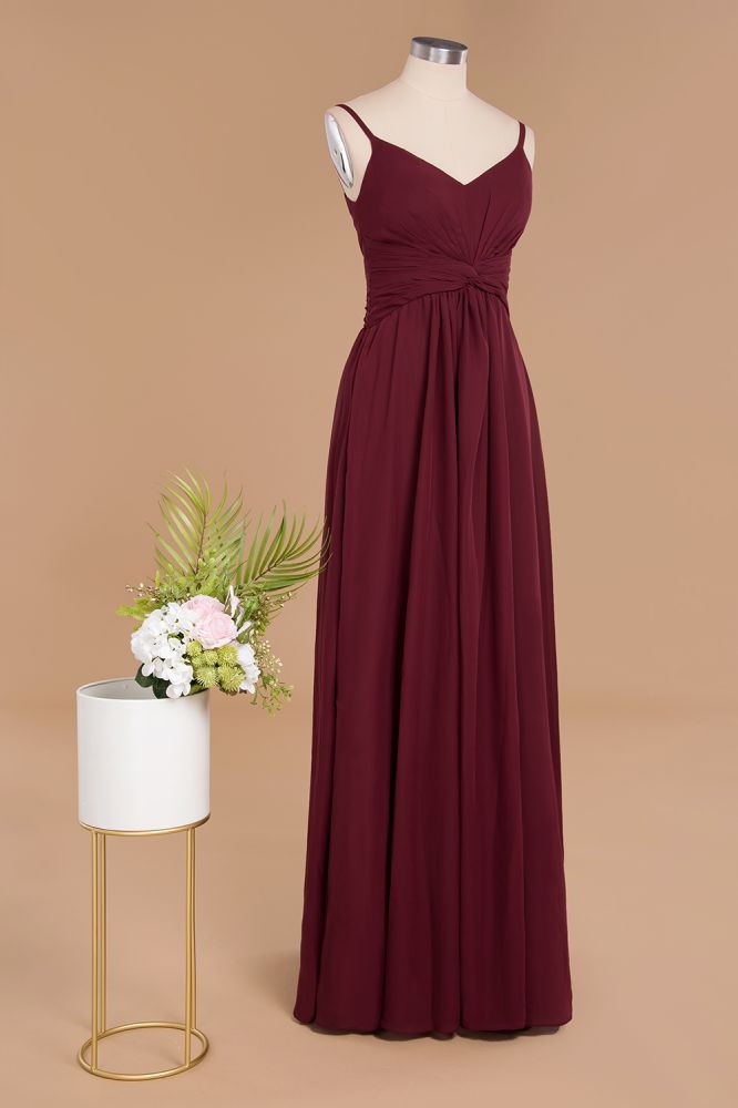 Vestido largo de noche sencillo con tirantes finos, corte A, de gasa, con volantes