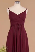 Vestido largo de noche sencillo con tirantes finos, corte A, de gasa, con volantes