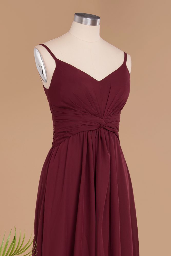 Vestido largo de noche sencillo con tirantes finos, corte A, de gasa, con volantes