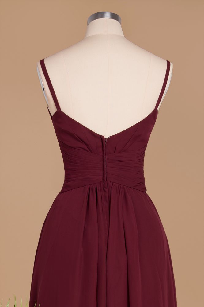 Vestido largo de noche sencillo con tirantes finos, corte A, de gasa, con volantes