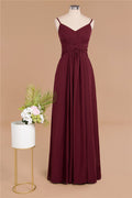 Vestido largo de noche sencillo con tirantes finos, corte A, de gasa, con volantes