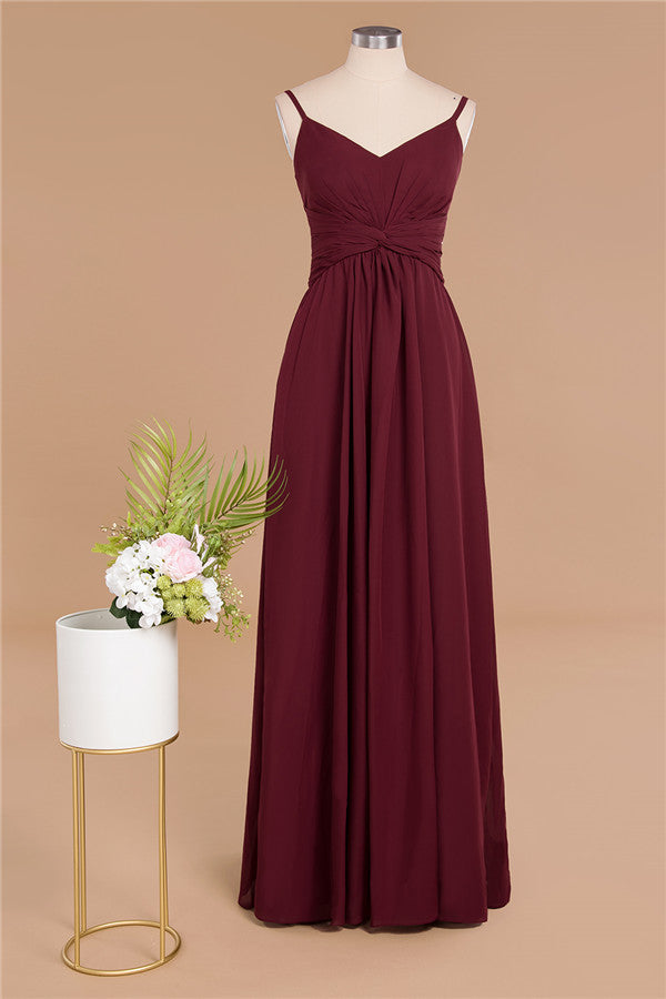 Vestido largo de noche sencillo con tirantes finos, corte A, de gasa, con volantes