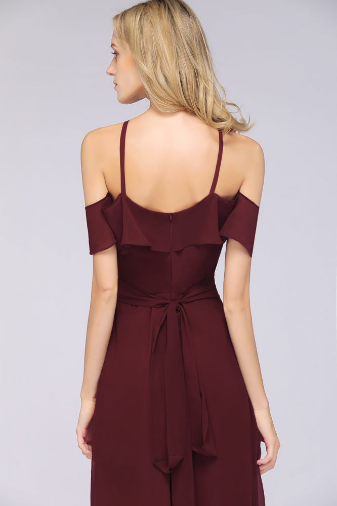 Vestido de dama de honor largo hasta el suelo con volantes, sin mangas y tirantes finos con lazo