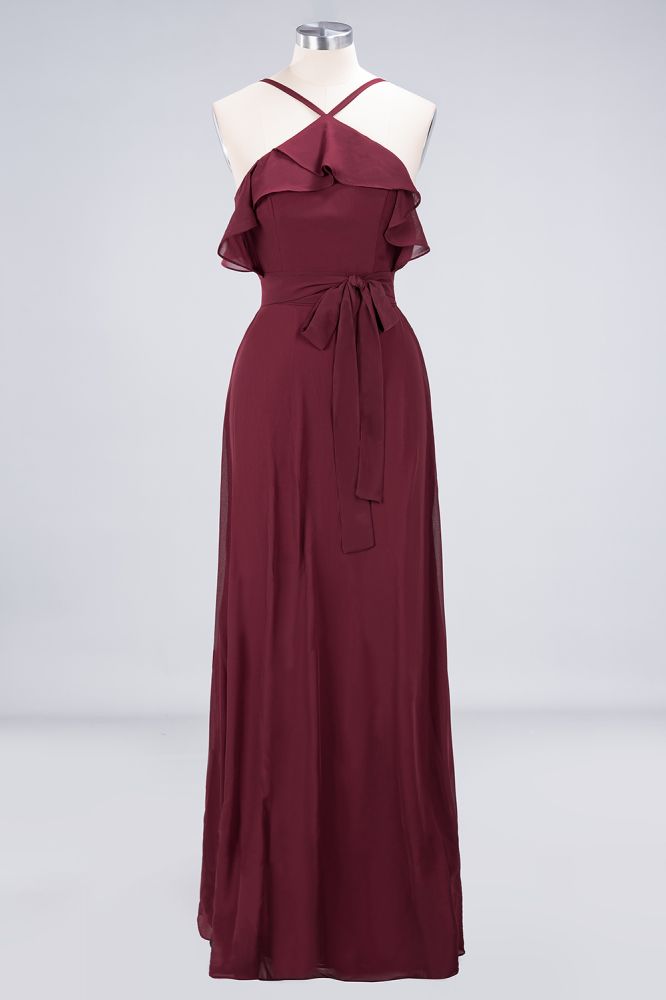 Vestido de dama de honor largo hasta el suelo con volantes, sin mangas y tirantes finos con lazo