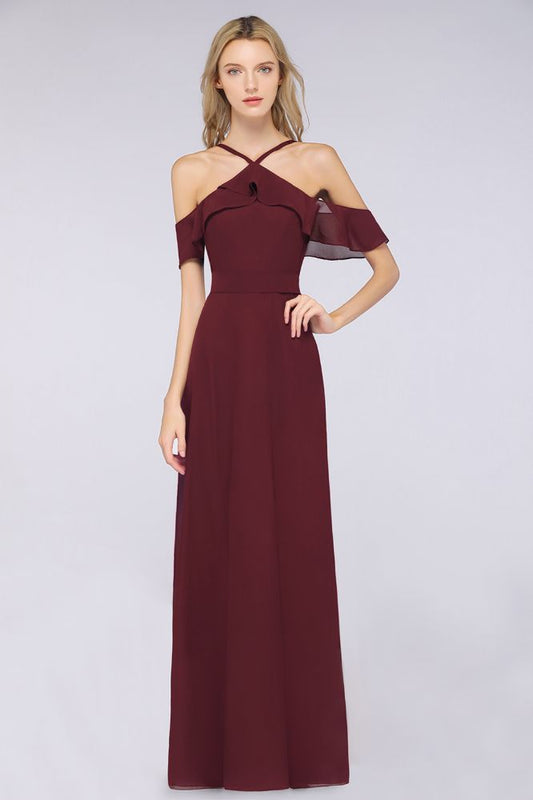 Vestido de dama de honor largo hasta el suelo con volantes, sin mangas y tirantes finos con lazo