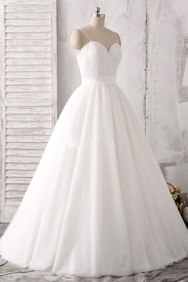 Spaghettiträger Herzausschnitt Bodenlang Weiß Satin Brautkleid WD143 