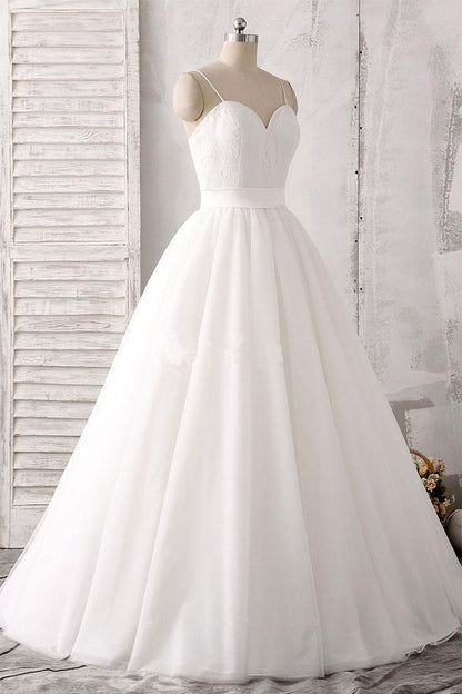 Spaghettiträger Herzausschnitt Bodenlang Weiß Satin Brautkleid WD143 