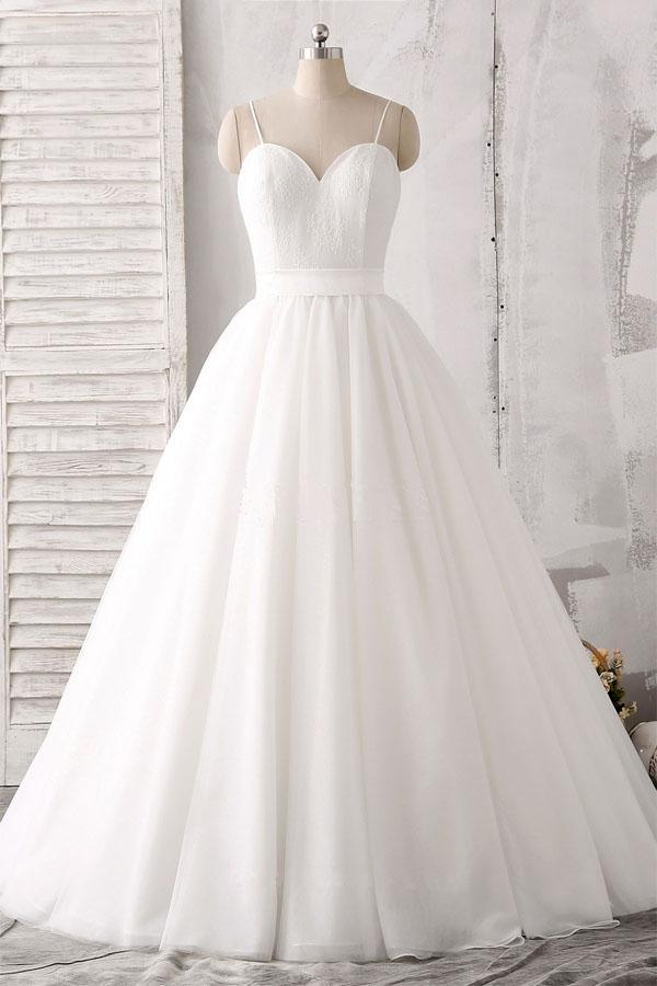 Spaghettiträger Herzausschnitt Bodenlang Weiß Satin Brautkleid WD143 