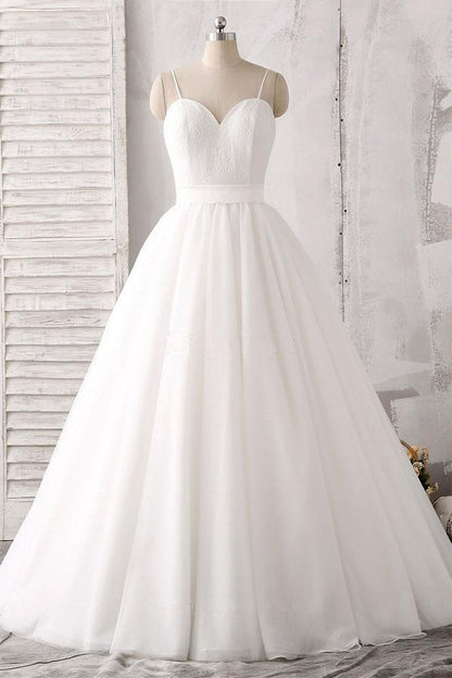 Spaghettiträger Herzausschnitt Bodenlang Weiß Satin Brautkleid WD143 