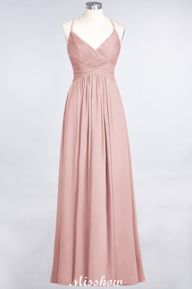Vestido de dama de honor con tirantes finos, escote en V, sin mangas y largo hasta el suelo