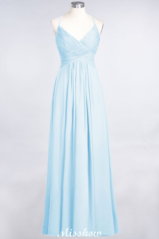 Vestido de dama de honor con tirantes finos, escote en V, sin mangas y largo hasta el suelo