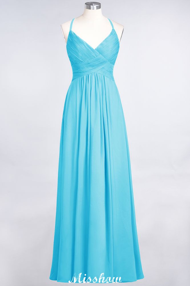 Vestido de dama de honor con tirantes finos, escote en V, sin mangas y largo hasta el suelo
