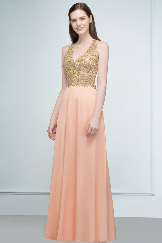 Vestidos de dama de honor de gasa con apliques, corte en A, escote en V y largo hasta el suelo