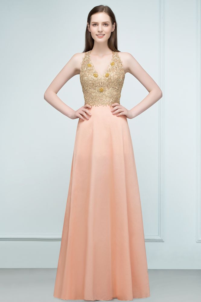 Vestidos de dama de honor de gasa con apliques, corte en A, escote en V y largo hasta el suelo