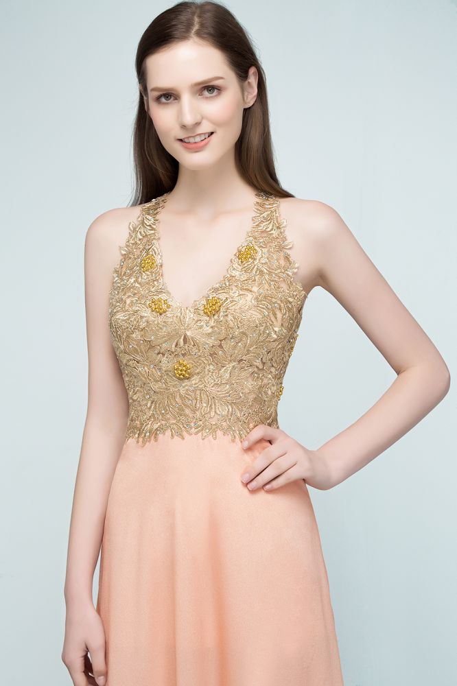 Vestidos de dama de honor de gasa con apliques, corte en A, escote en V y largo hasta el suelo