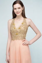 Vestidos de dama de honor de gasa con apliques, corte en A, escote en V y largo hasta el suelo