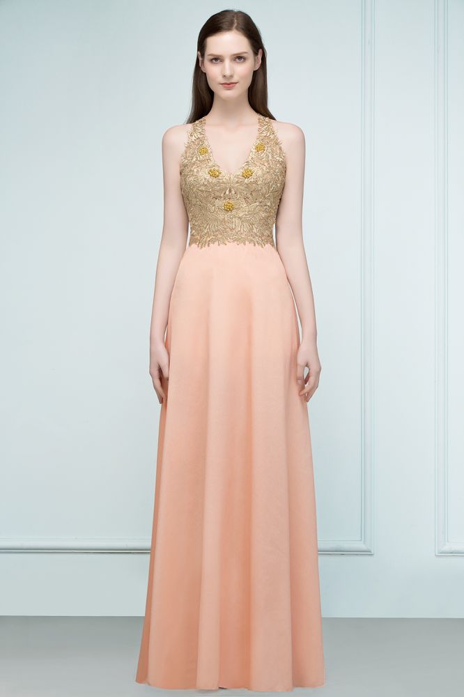 Vestidos de dama de honor de gasa con apliques, corte en A, escote en V y largo hasta el suelo