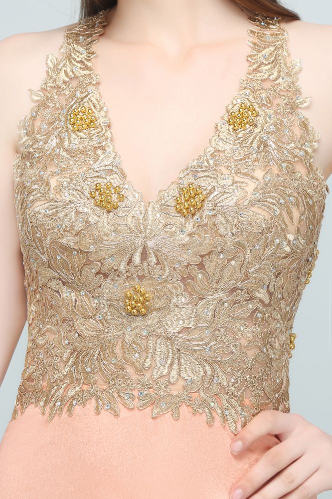 Vestidos de dama de honor de gasa con apliques, corte en A, escote en V y largo hasta el suelo
