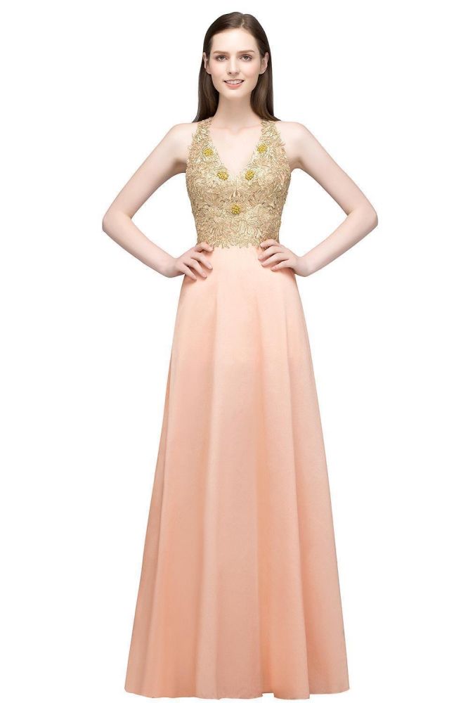 Vestidos de dama de honor de gasa con apliques, corte en A, escote en V y largo hasta el suelo