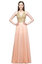 Vestidos de dama de honor de gasa con apliques, corte en A, escote en V y largo hasta el suelo
