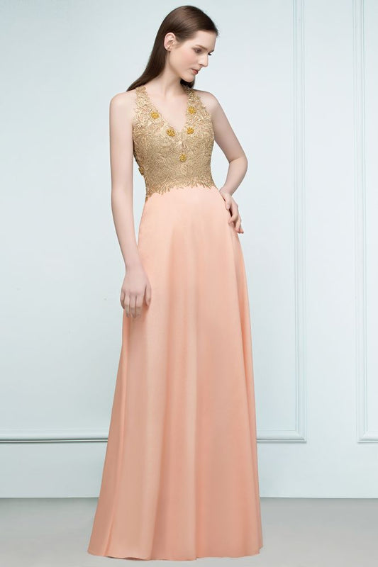 Vestidos de dama de honor de gasa con apliques, corte en A, escote en V y largo hasta el suelo