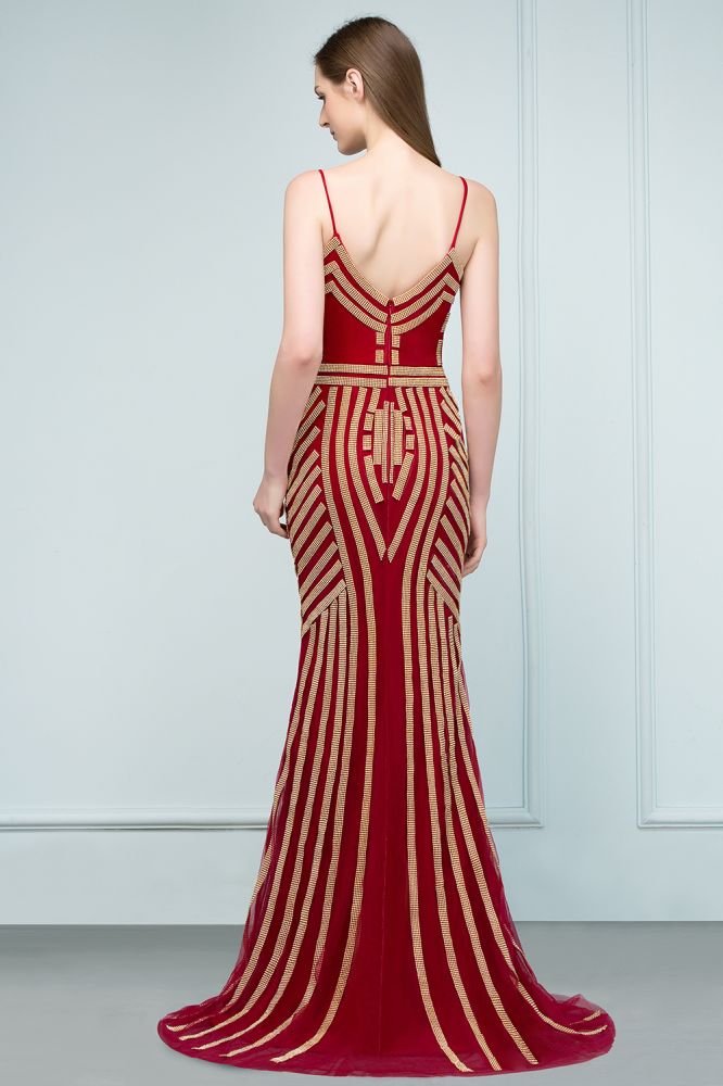 Spaghetti V-neck Mermaid Floor Length Beading Tulle Prom Dresses