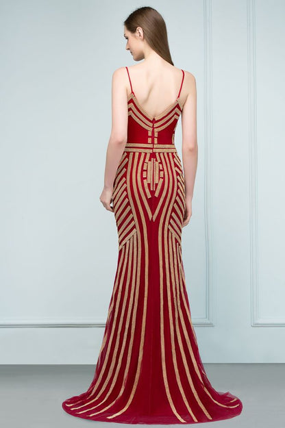 Spaghetti V-neck Mermaid Floor Length Beading Tulle Prom Dresses