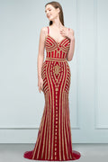 Spaghetti V-neck Mermaid Floor Length Beading Tulle Prom Dresses