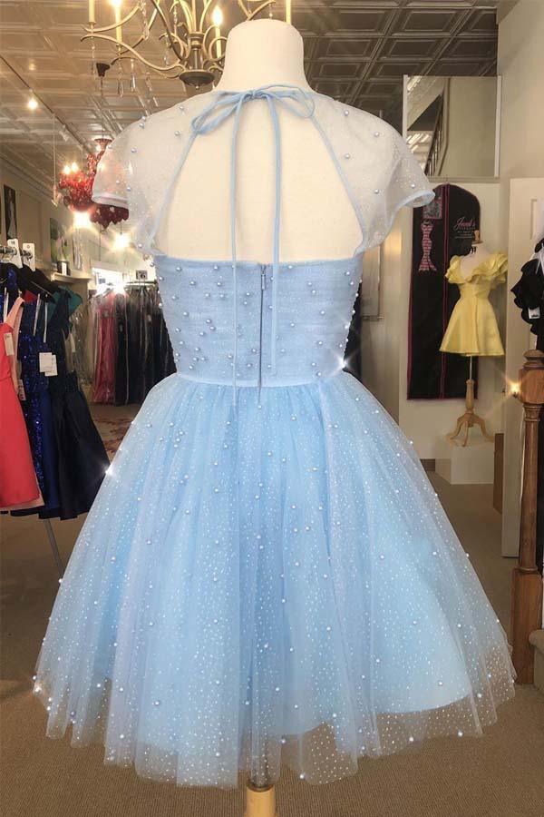 Vestido de fiesta azul cielo claro con mangas cortas y cuentas brillantes PD314