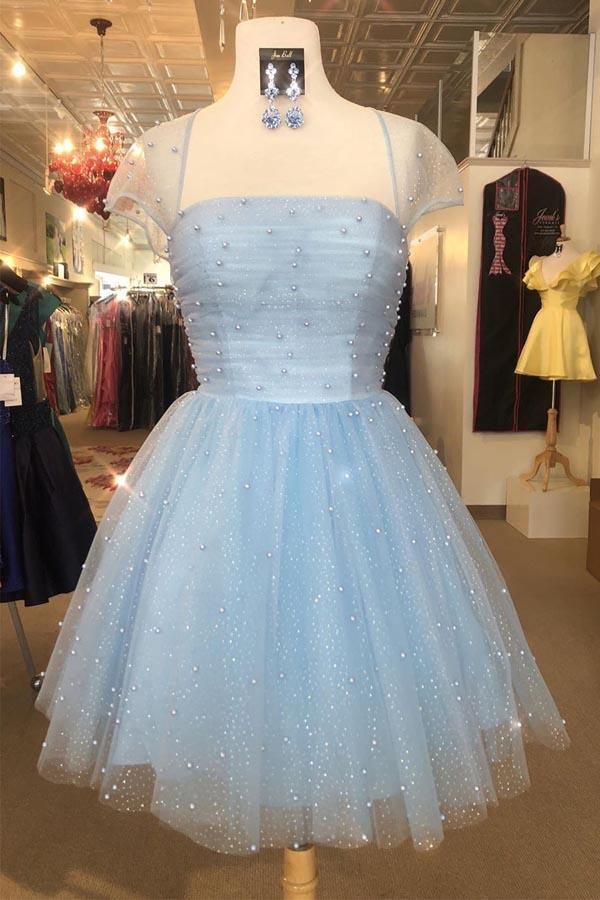 Vestido de fiesta azul cielo claro con mangas cortas y cuentas brillantes PD314