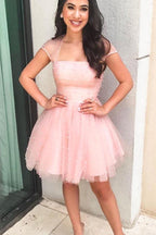 Vestido de fiesta azul cielo claro con mangas cortas y cuentas brillantes PD314