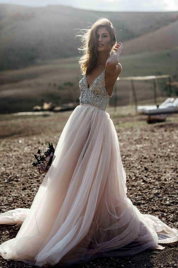 Sparkle Perlen A-Linie V-Ausschnitt Brautkleider Rückenfreie Brautkleider WD315