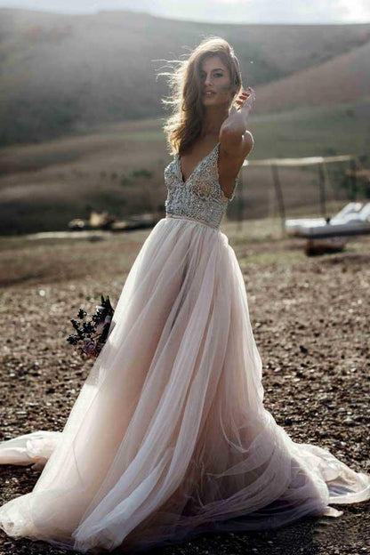 Sparkle Perlen A-Linie V-Ausschnitt Brautkleider Rückenfreie Brautkleider WD315