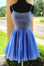 Vestido de fiesta corto azul con cuentas brillantes, vestido de regreso a casa PD315