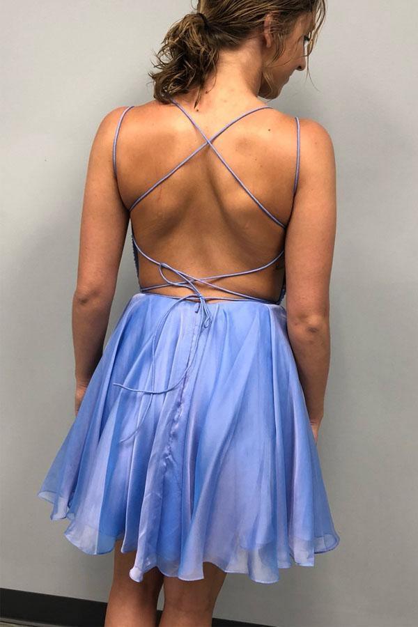 Vestido de fiesta corto azul con cuentas brillantes, vestido de regreso a casa PD315