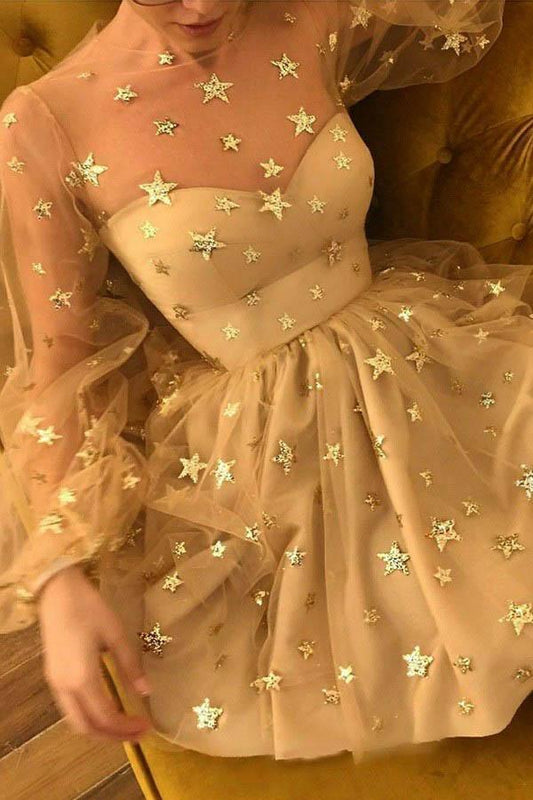 Funkelndes A-Linien-Heimkehrkleid mit Rundhalsausschnitt und langen Ärmeln und Pailletten PD257