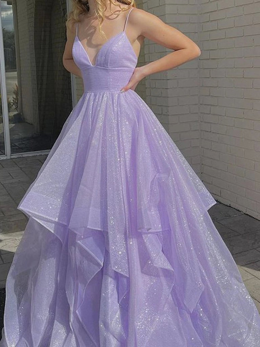 Vestidos de fiesta largos con escote en V y corte A brillantes, vestidos de noche formales morados y esponjosos