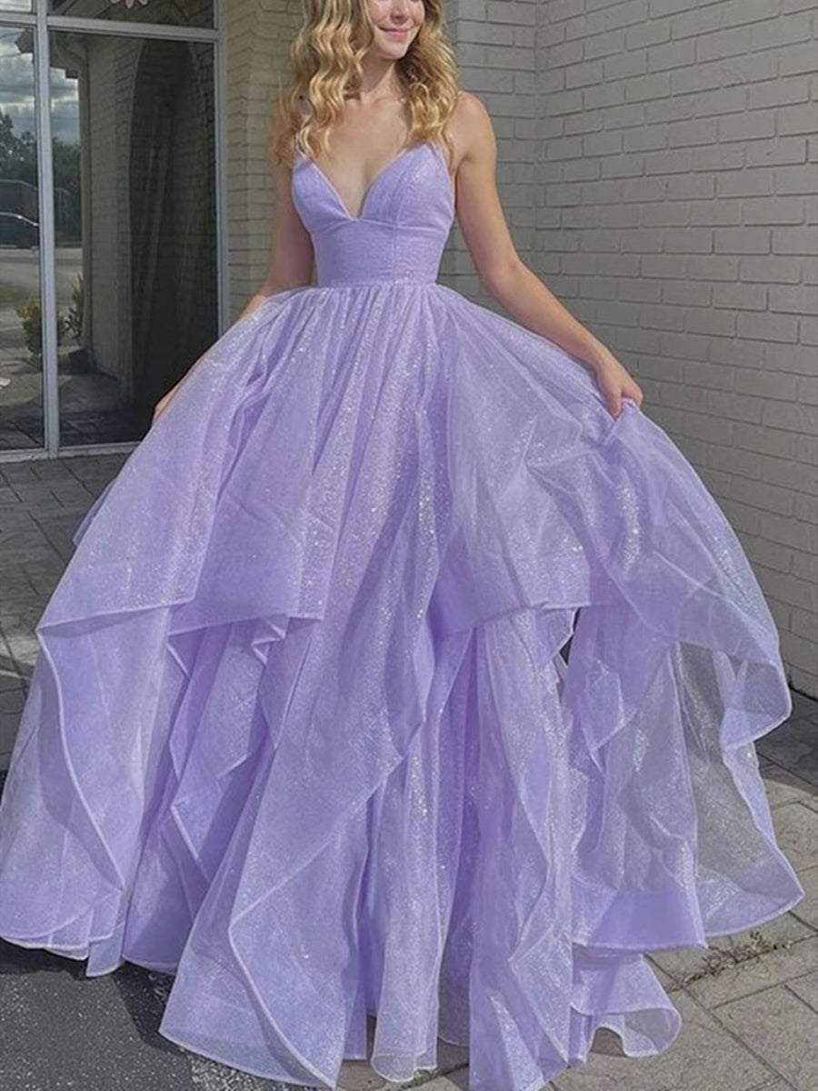 Vestidos de fiesta largos con escote en V y corte A brillantes, vestidos de noche formales morados y esponjosos