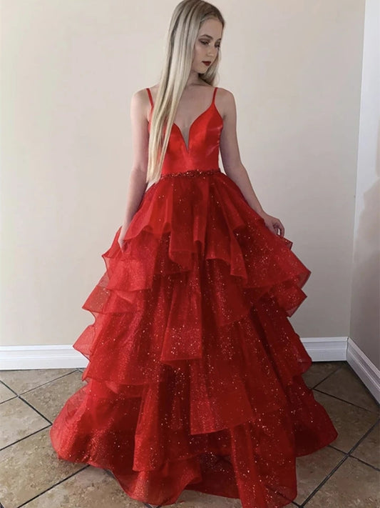 Funkelnde A-Linie V-Ausschnitt Spaghettiträger Tüll Rot Langes Abendkleid