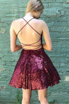 Glitzerndes Burgunderrotes Homecoming-Kleid, rückenfreies A-Linien-Mini-Partykleid, PD383
