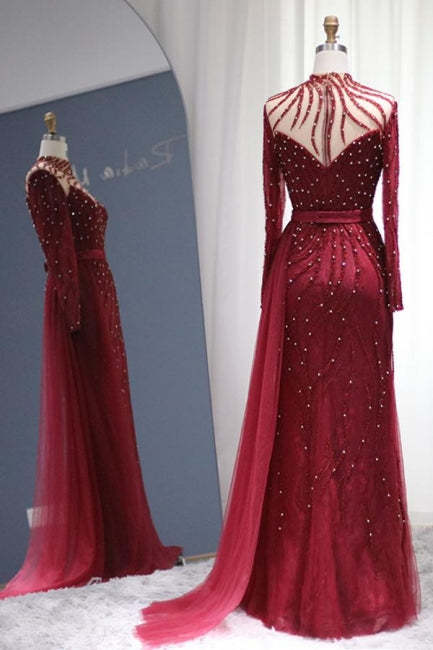 Vestidos de fiesta de sirena con mangas largas en burdeos brillante, lujosos vestidos de noche