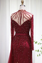 Vestidos de fiesta de sirena con mangas largas en burdeos brillante, lujosos vestidos de noche