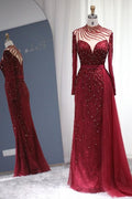 Vestidos de fiesta de sirena con mangas largas en burdeos brillante, lujosos vestidos de noche