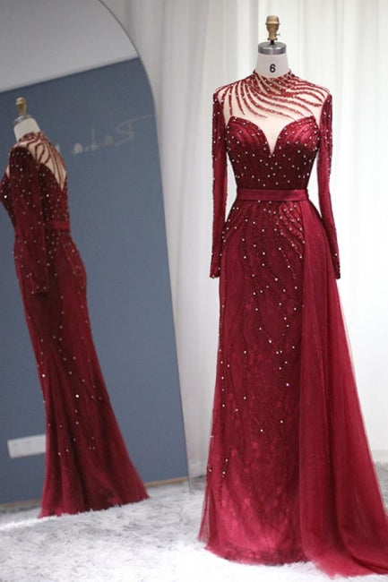 Vestidos de fiesta de sirena con mangas largas en burdeos brillante, lujosos vestidos de noche