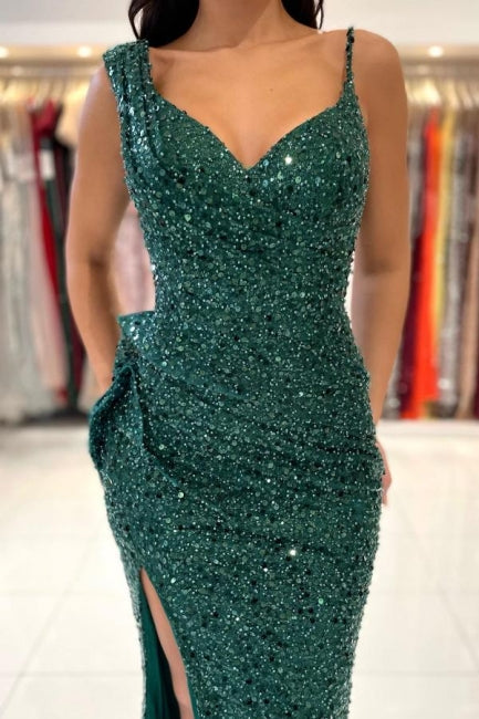 Funkelndes dunkelgrünes langes Ballkleid mit Glitzer und Schlitz