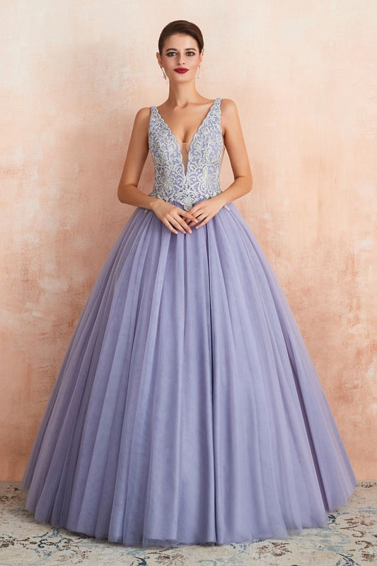 Vestido de fiesta largo hasta el suelo con tul y cristales, con escote en V doble y brillante
