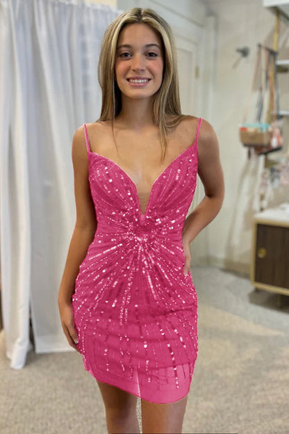 Glitzerndes, goldenes, eng anliegendes Homecoming-Kleid mit V-Ausschnitt und Pailletten