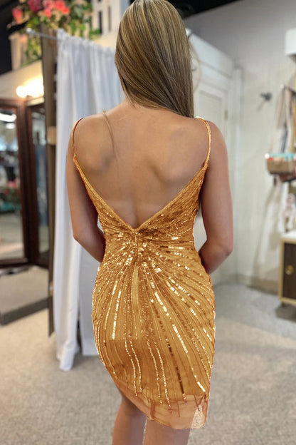 Glitzerndes, goldenes, eng anliegendes Homecoming-Kleid mit V-Ausschnitt und Pailletten