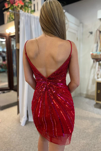 Glitzerndes, goldenes, eng anliegendes Homecoming-Kleid mit V-Ausschnitt und Pailletten