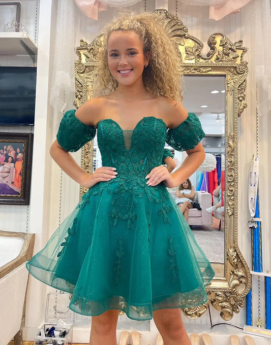 Vestido de fiesta verde brillante con apliques de cuentas y corte en A, mangas desmontables